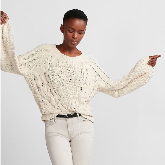 Express Sweaters - Express Cable Knit Balloon Sleeve Sweater in Cream